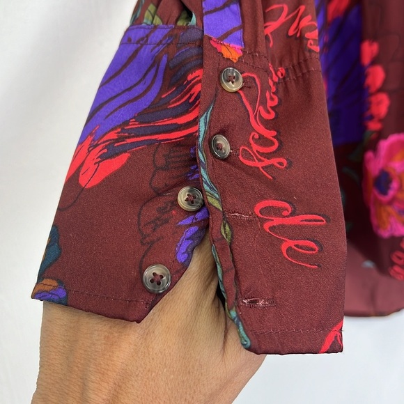 Free People - Silky NIghts Fun Print  Button Down Long Sleeve Oversized Blouse S - Picture 4 of 11